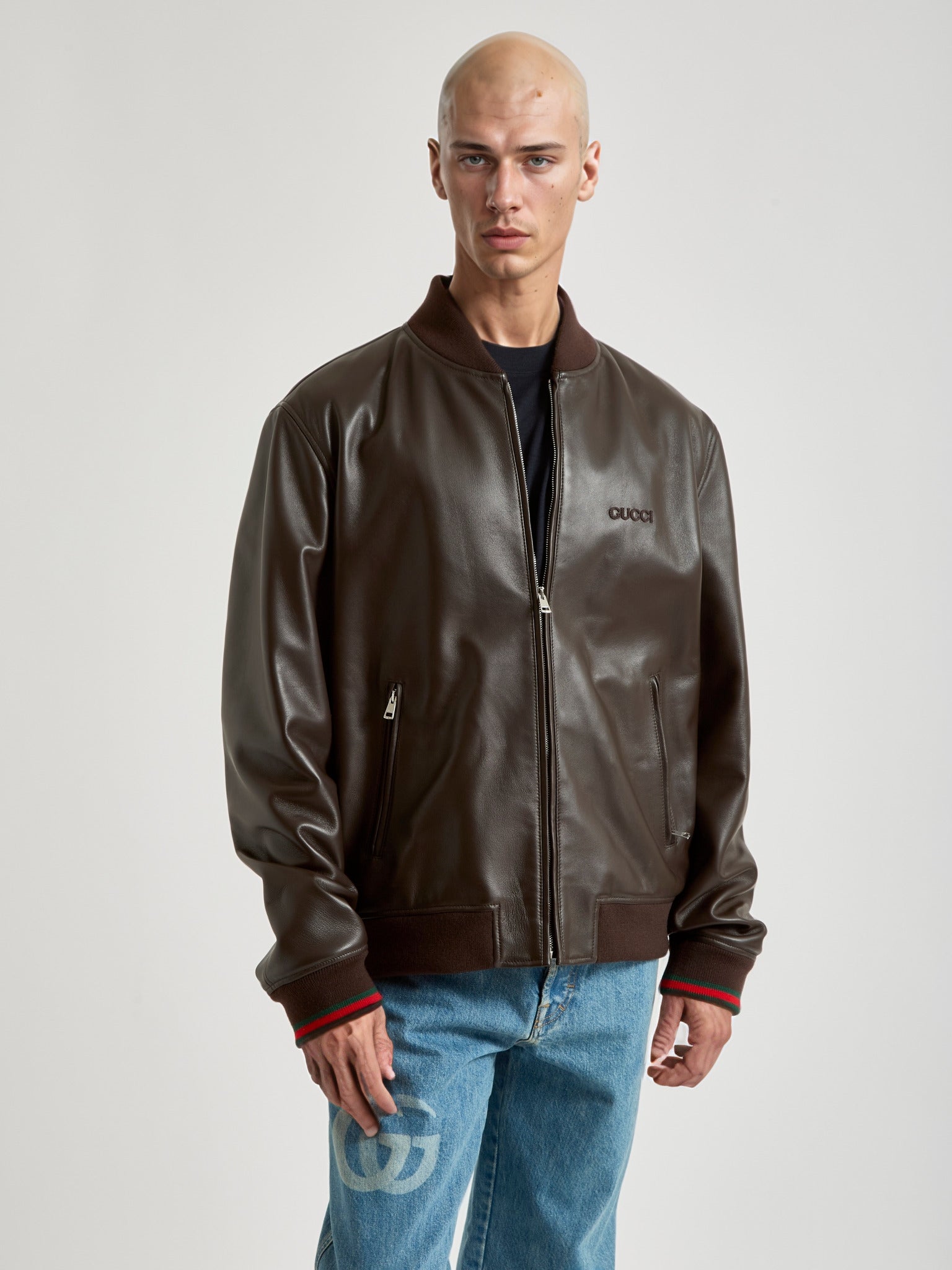 Leather bomber jacket