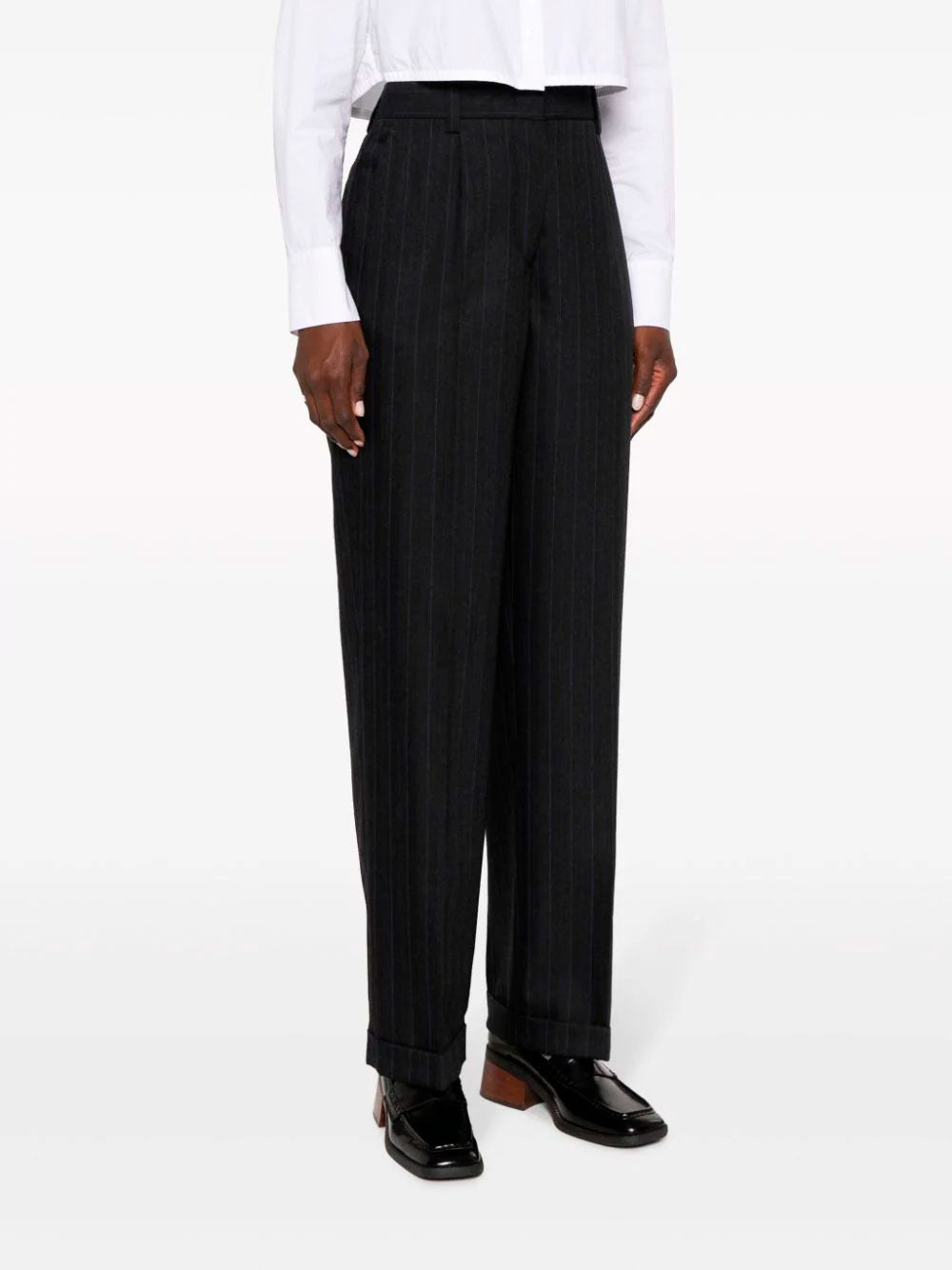 Pinstripe herringbone wool trousers