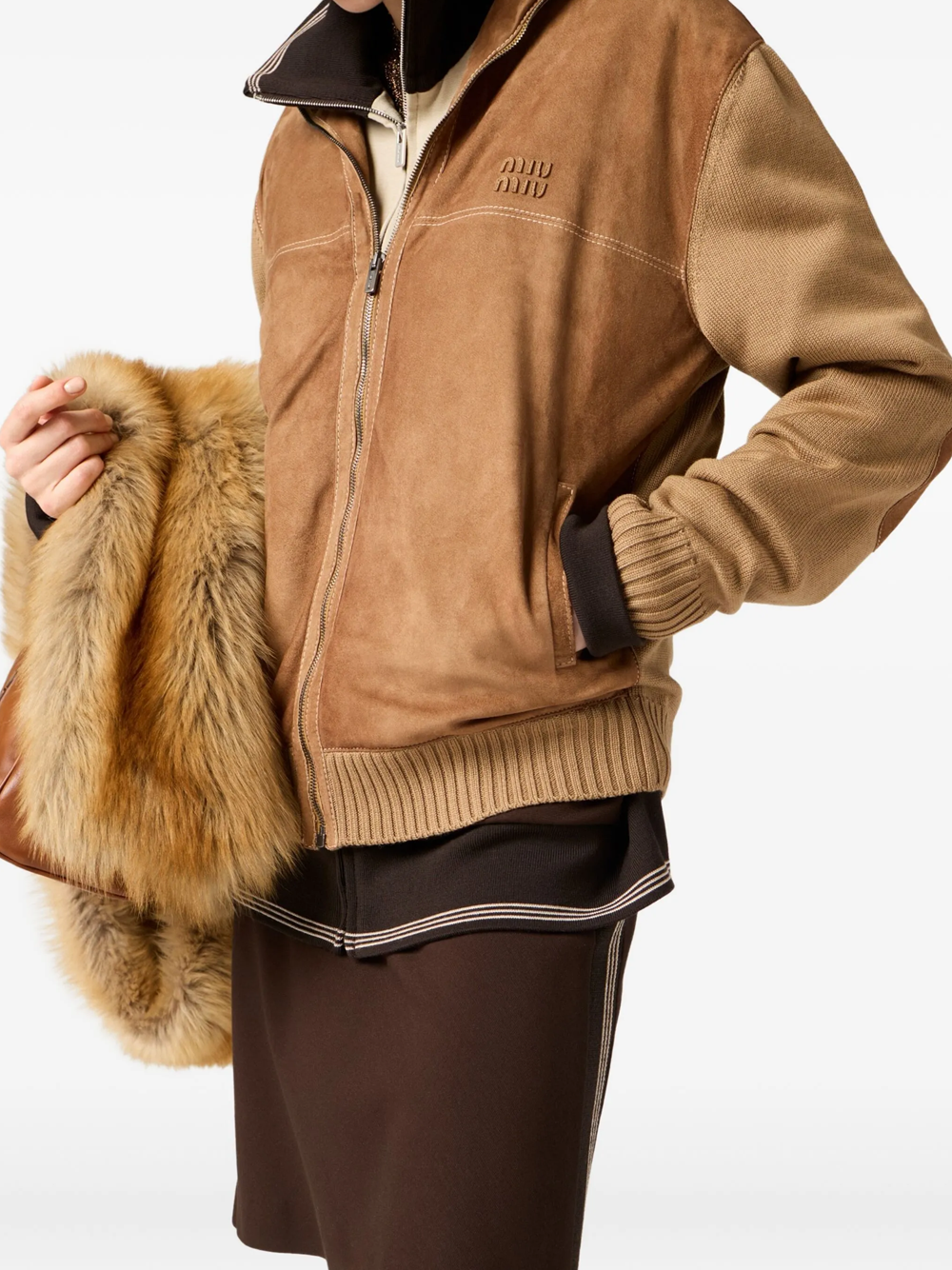 Suede-insert ribbed cardigan