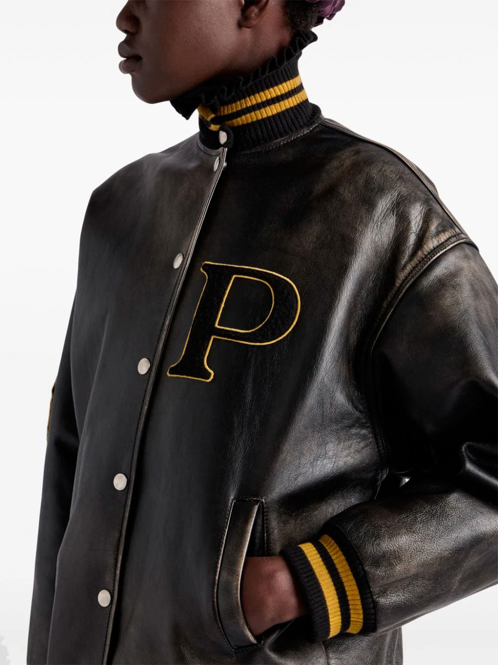 Patch leather bomber jacket