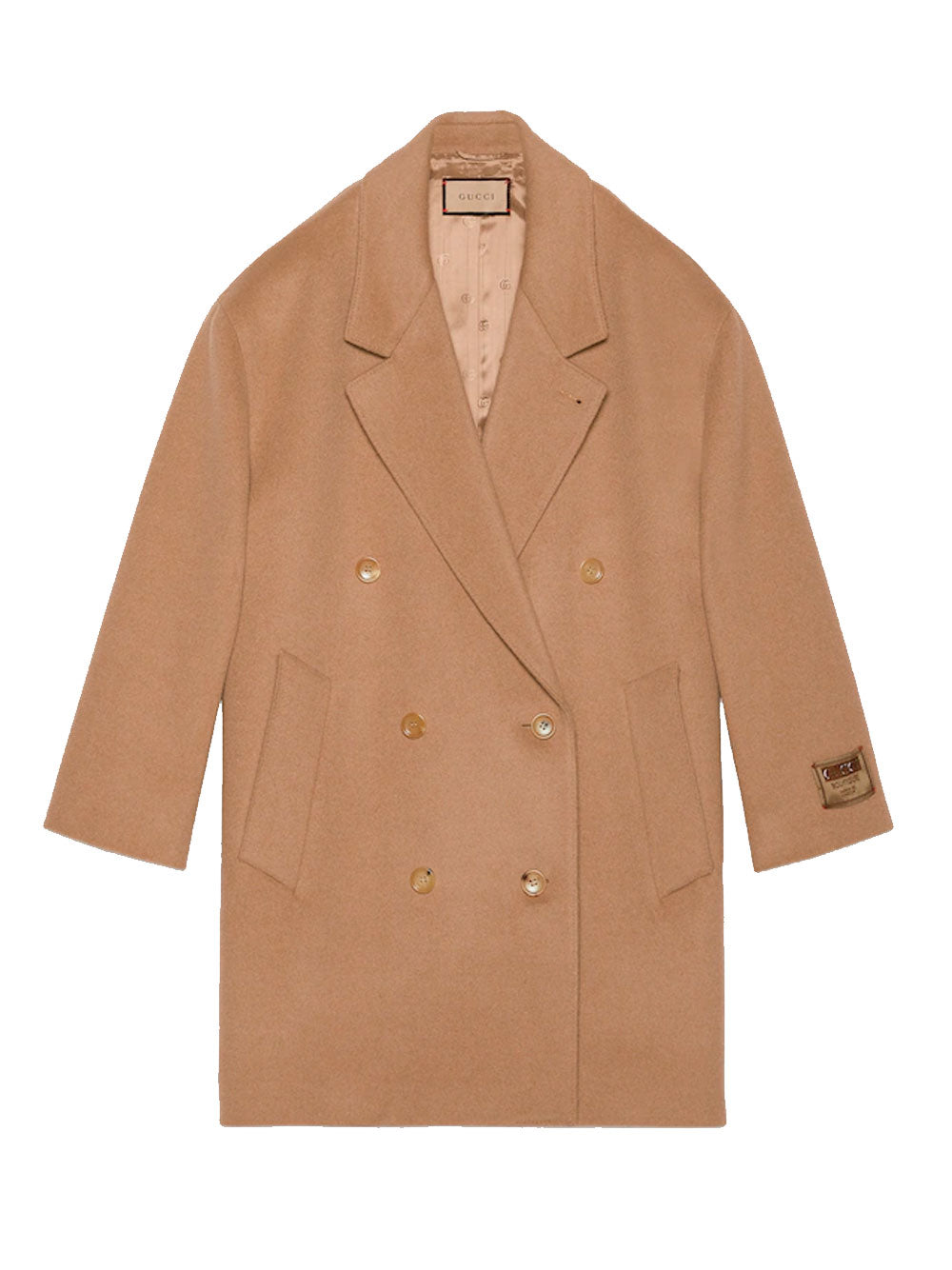 Camel coat with embroidered label