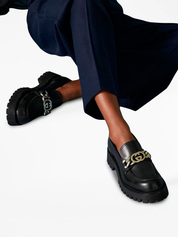Logo-chain leather loafers