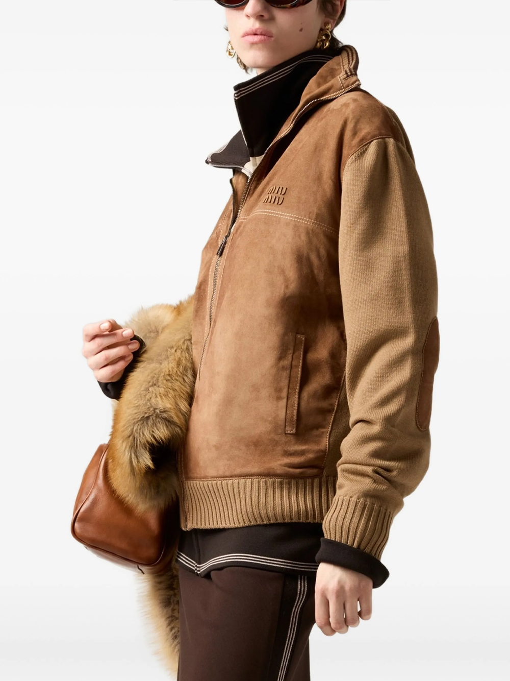 Suede-insert ribbed cardigan