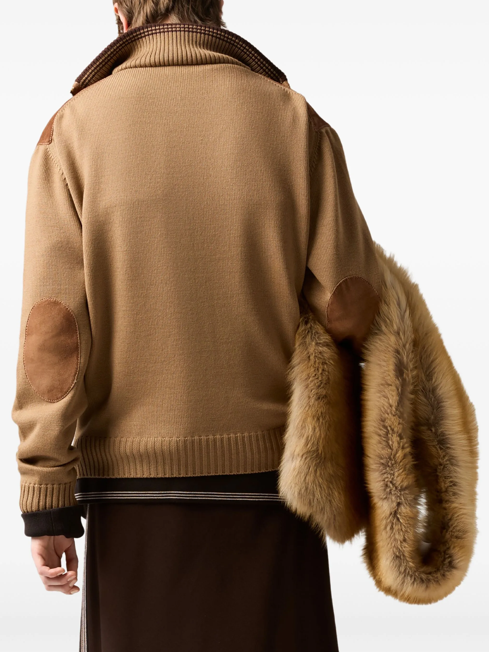 Suede-insert ribbed cardigan