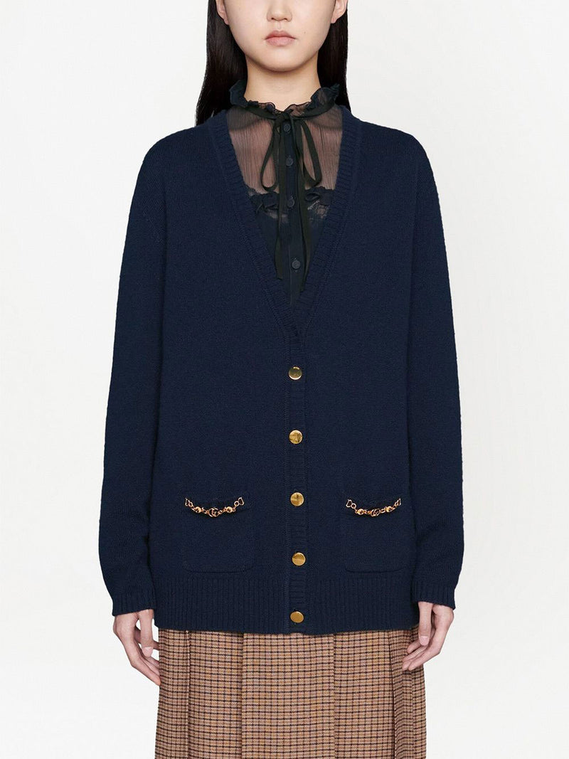 Chain-trim button-front knitted cardigan