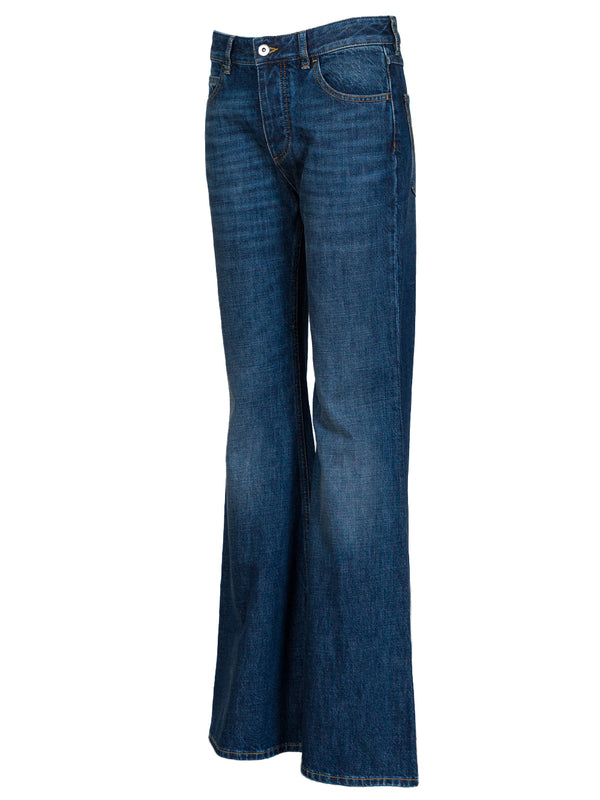 Medium washed mid rise flared jeans