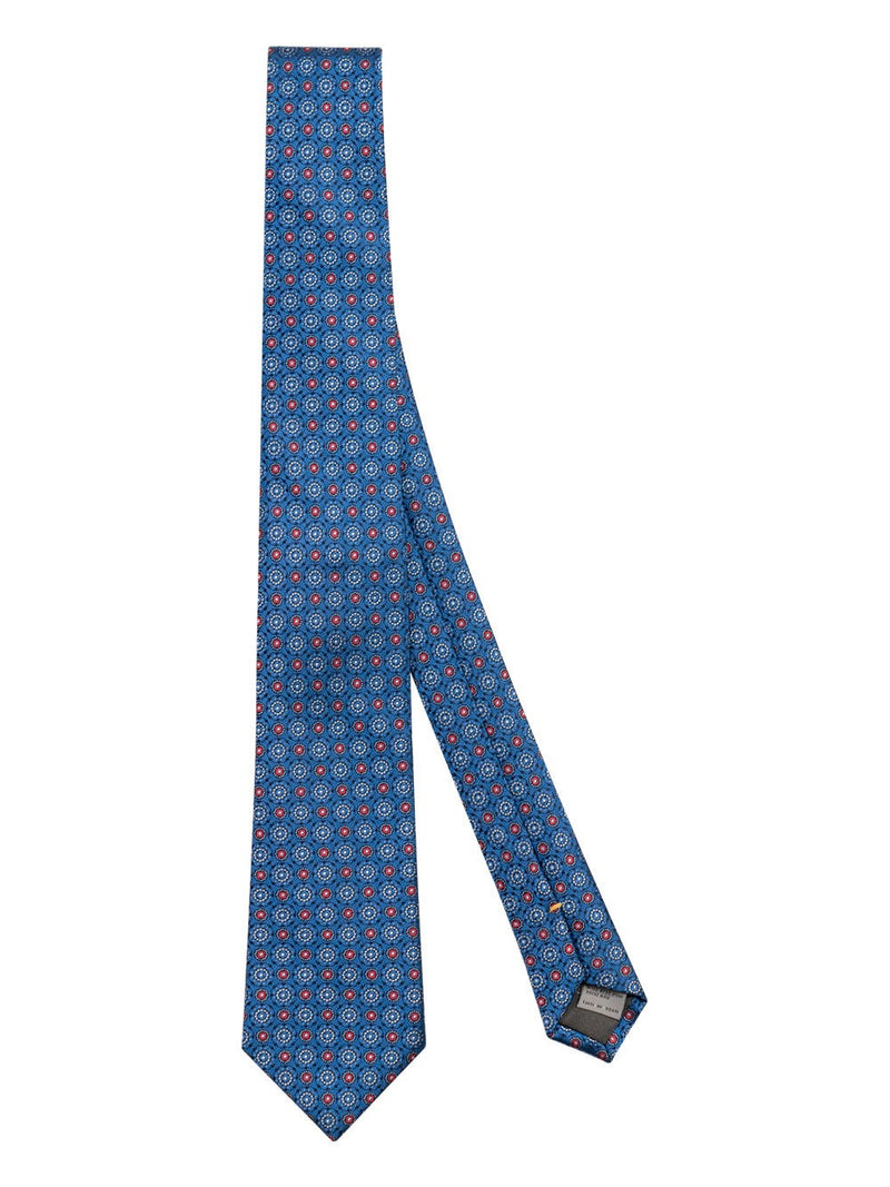 Blue silk tie with red and grey print