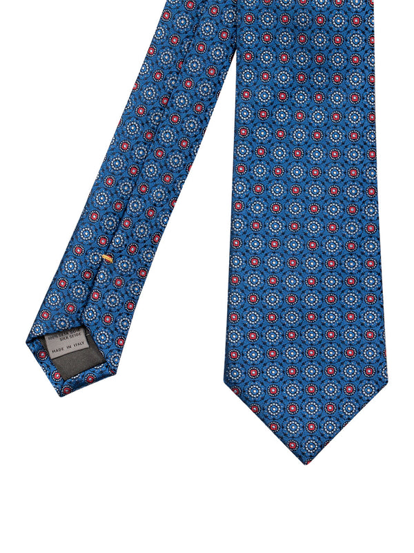 Blue silk tie with red and grey print