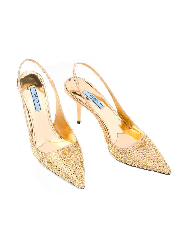 Satin slingback pumps with crystals